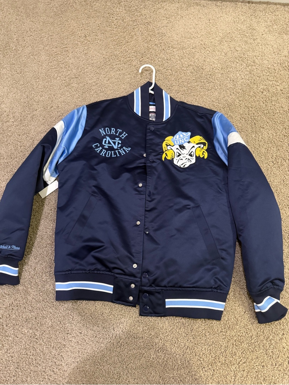 Mitchell & Ness North Carolina Navy Blue Varsity Jacket with Light Blue Trim